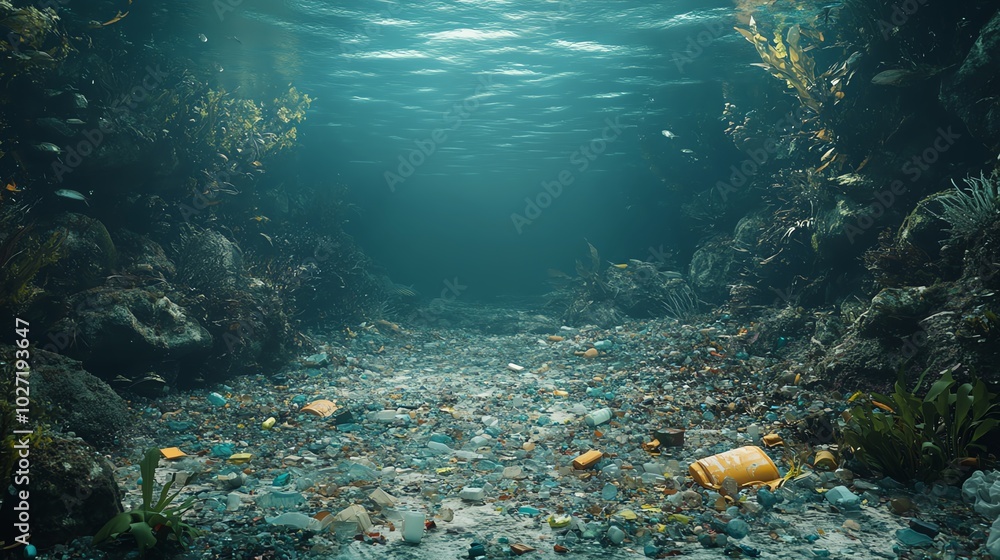Obraz premium Underwater scene with debris and marine life