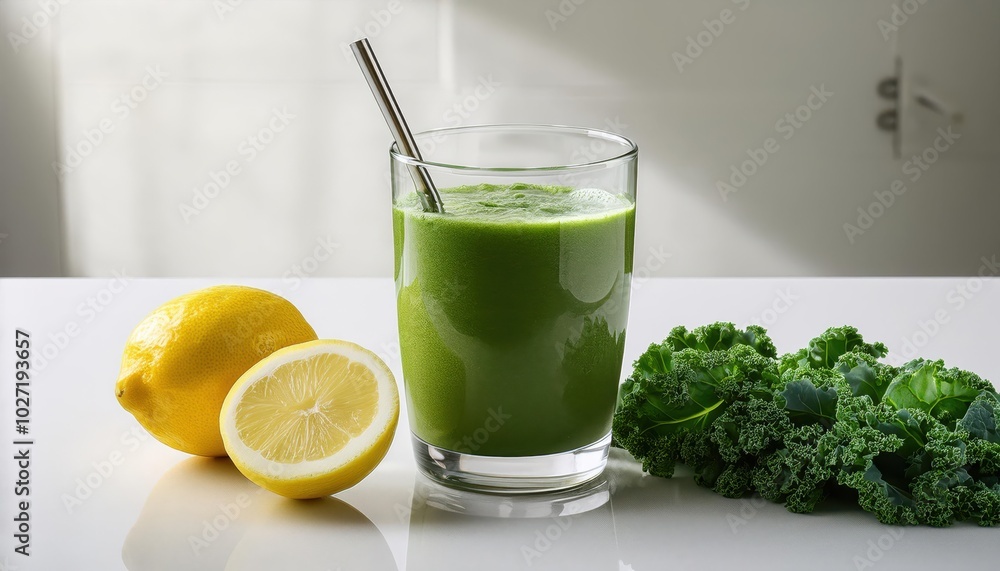 Refreshing Green Kale and Lemon Smoothie with Metal Straw on Marble. Healthy Detox Drink Concept for Wellness, Natural Cleansing, and Vegan Recipes in Clean Eating Lifestyle Refreshing Green Kale and Lemon Smoothie with Metal Straw on Marble. Healthy Detox Drink Concept for Wellness, Natural Cleansing, and Vegan Recipes in Clean Eating Lifestyle