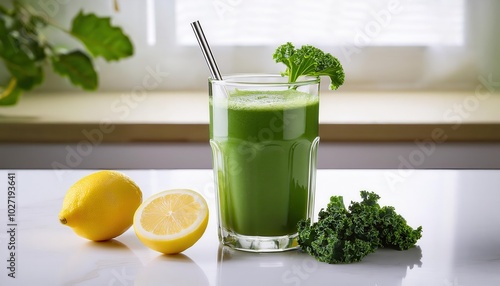 Refreshing Green Kale and Lemon Smoothie with Metal Straw on Marble. Healthy Detox Drink Concept for Wellness, Natural Cleansing, and Vegan Recipes in Clean Eating Lifestyle