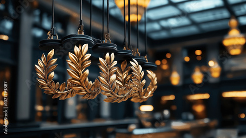 Close-up of elegant golden leaf-shaped chandeliers hanging in a luxurious interior with blurred warm lighting in the background.