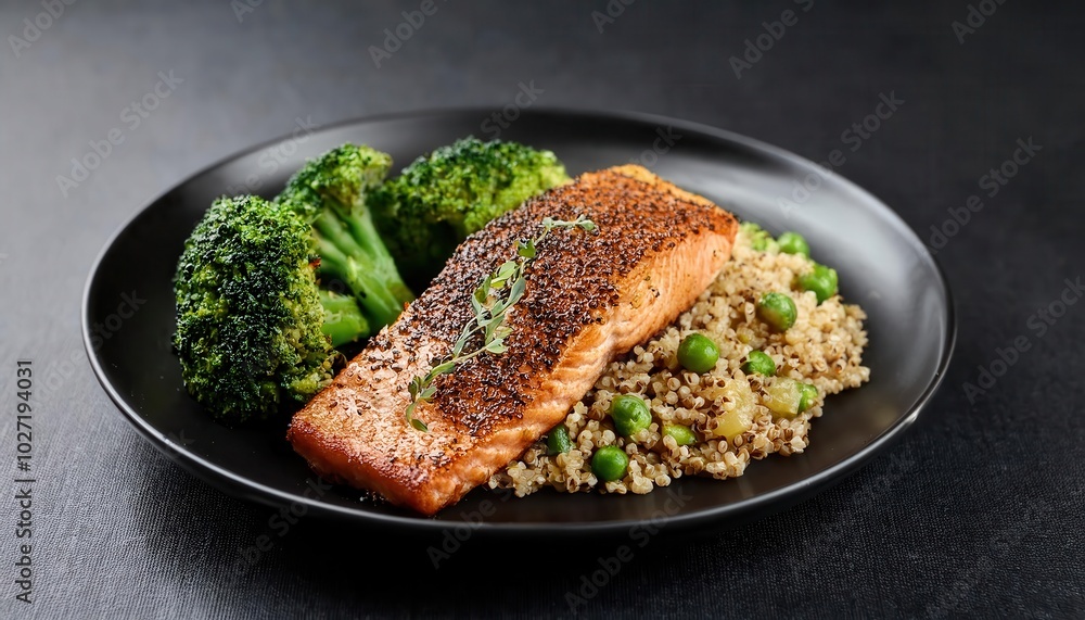 Healthy Grilled Salmon with Quinoa and Steamed Broccoli. Balanced Meal for Fitness, Keto, or Wellness Concept in Elegant Food Presentation Healthy Grilled Salmon with Quinoa and Steamed Broccoli. Balanced Meal for Fitness, Keto, or Wellness Concept in Elegant Food Presentation