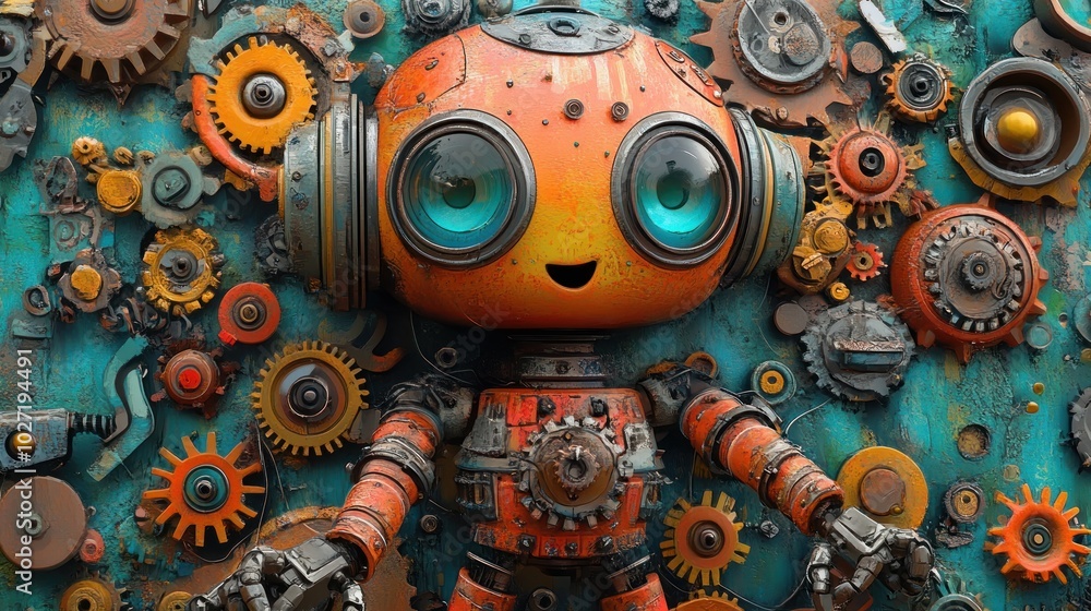A friendly, orange robot with big blue eyes smiles at the camera. The robot is made of metal and gears, and is surrounded by other gears and cogs. A friendly, orange robot with big blue eyes smiles at the camera. The robot is made of metal and gears, and is surrounded by other gears and cogs.