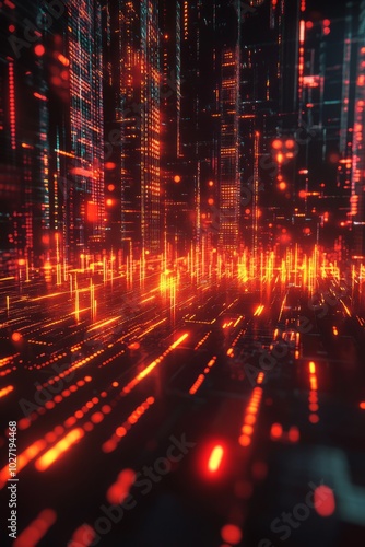 Abstract digital city with glowing red lines and dots.