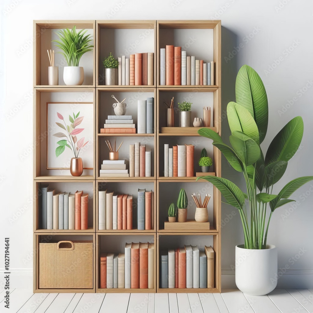 A 3D render of a bookshelf filled with books and a plant in a cozy home A 3D render of a bookshelf filled with books and a plant in a cozy home