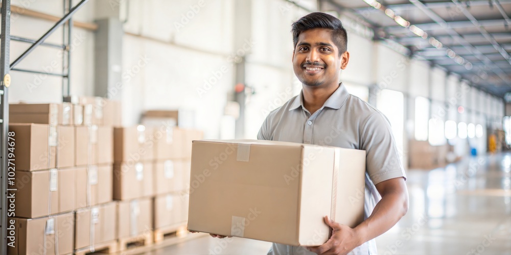Image of logistics and transportation: Refreshing india worker carrying cardboard at a distribution center Image of logistics and transportation: Refreshing india worker carrying cardboard at a distribution center