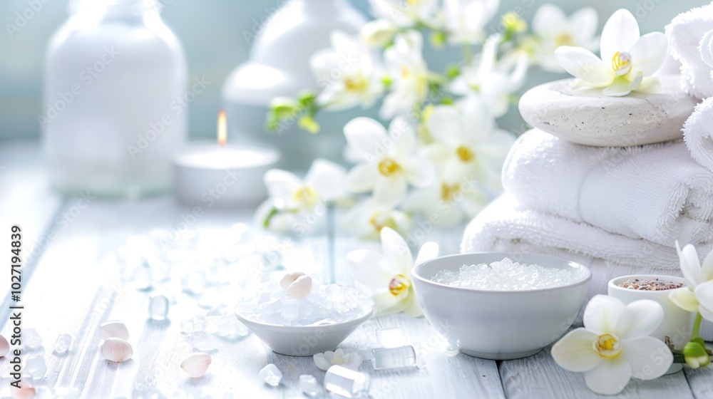 A serene spa setting with an aromatic theme featuring face creams incense and essential oils arranged on a white wooden table with room for additional image A serene spa setting with an aromatic theme featuring face creams incense and essential oils arranged on a white wooden table with room for additional image