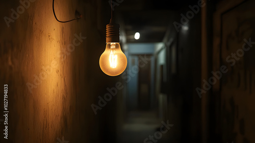 Single Light Bulb Hanging In Dark Hallway