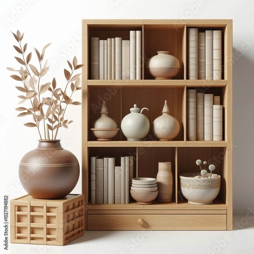 A 3D render of a bookshelf filled with books and a plant in a cozy home photo