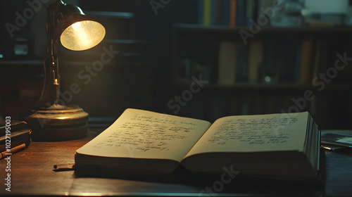 Scenery of a diary open on a desk with a light on at night