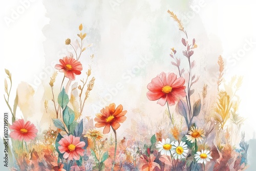 Abstract watercolor dalhia flowers, daisy and leaves and wild flowers at footer background, pastel color  photo