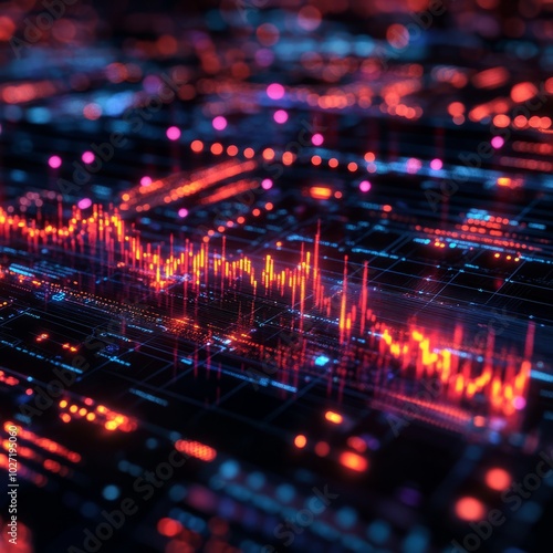 Abstract digital data visualization with glowing lines and dots.