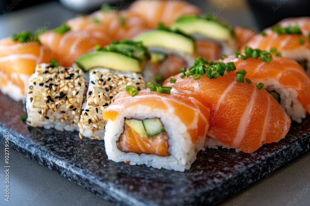Fresh sushi platter with salmon and avocado being served on stone tray Fresh sushi platter with salmon and avocado being served on stone tray