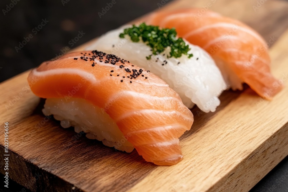 Salmon nigiri sushi sitting on a wooden board Salmon nigiri sushi sitting on a wooden board