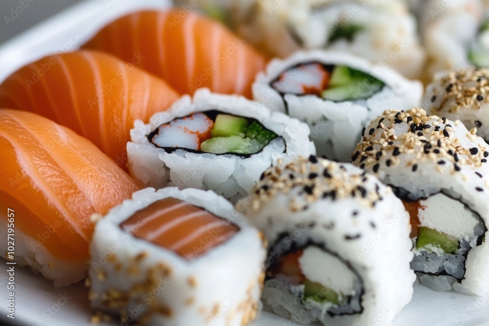 Delicious sushi platter with variety of rolls and nigiri Delicious sushi platter with variety of rolls and nigiri