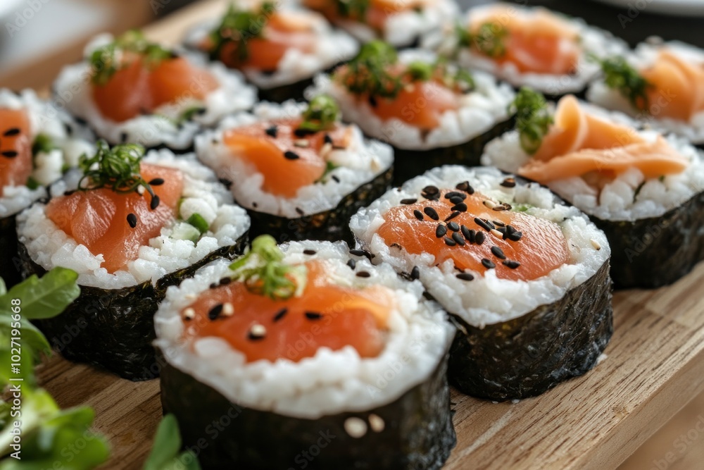 Delicious salmon maki sushi rolls being served on a wooden platter Delicious salmon maki sushi rolls being served on a wooden platter