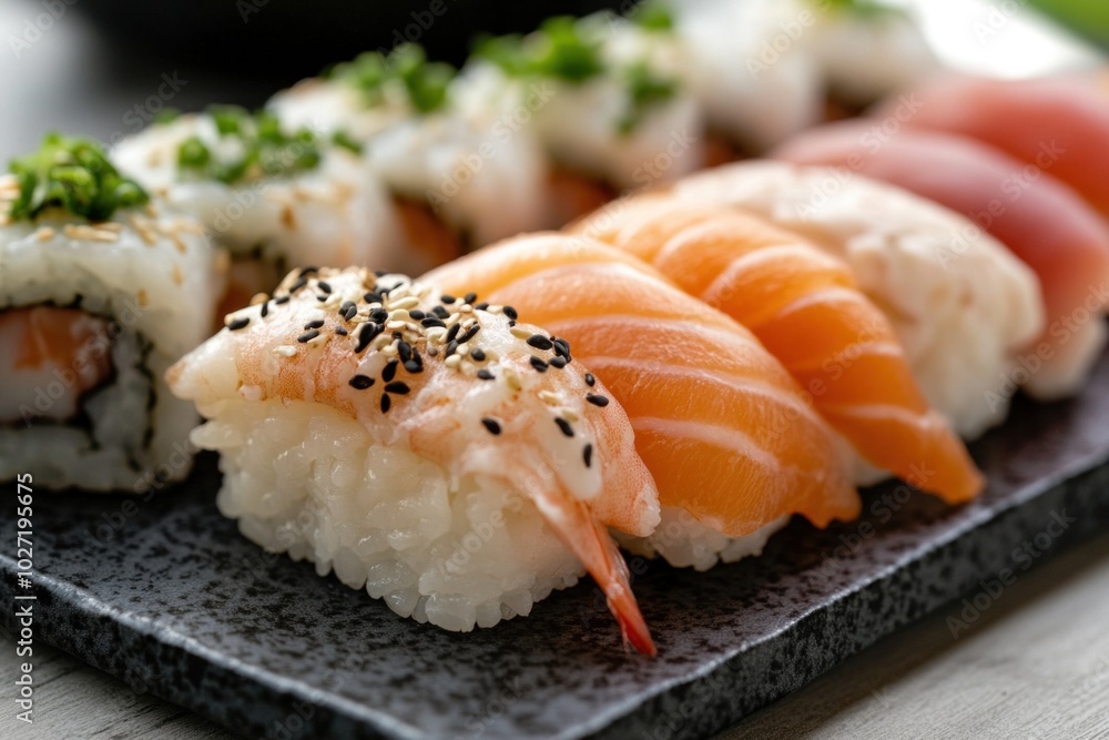 Fresh nigiri and maki sushi platter being served on black slate Fresh nigiri and maki sushi platter being served on black slate