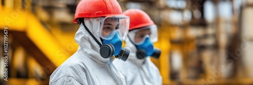 Two workers in protective hazmat suits and masks, focusing on safety and health, as they operate in an industrial zone, emphasizing caution and environment concerns.