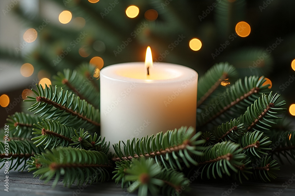 elegant white christmas candle surrounded by a lush green christmas tree, providing ample copy space for messages, bringing warmth and festive cheer to the atmosphere elegant white christmas candle surrounded by a lush green christmas tree, providing ample copy space for messages, bringing warmth and festive cheer to the atmosphere