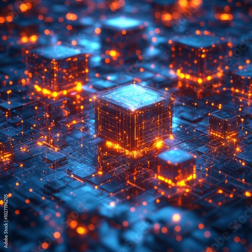 Abstract digital network with glowing cubes.