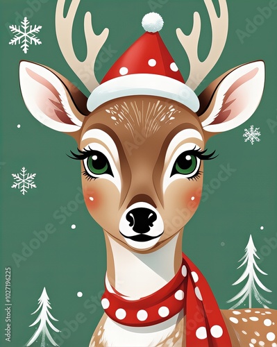 Fototapeta Naklejka Na Ścianę i Meble -  Renifer w czapce Mikołaja na zielonym tle, render 3D, antropomorficzna samica jelenia, antropomorficzny jeleń, antropomorficzny jeleń, samica antropomorficznego jelenia, uroczy render 3D