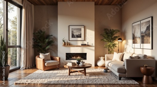 Wallpaper Mural Cozy living room interior design with modern furniture and plants in soft blue tones Torontodigital.ca
