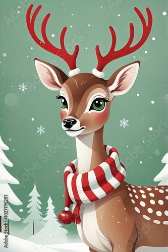 Fototapeta Naklejka Na Ścianę i Meble -  obraz renifera noszącego szalik na zielonym tle ze śniegiem, sztuka ludowa, jeleń, antropomorficzna samica jelenia, antropomorficzny jeleń, portret jelenia, antropomorficzny jeleń, jelenie