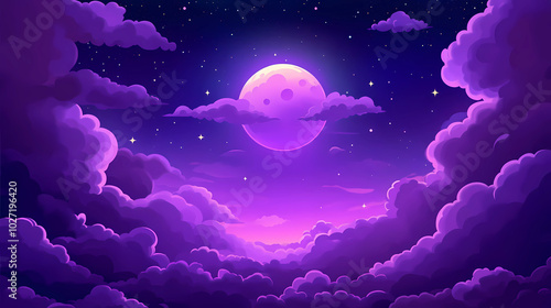 Purple gradient mystical moonlight sky with clouds and stars phone background wallpaper, 