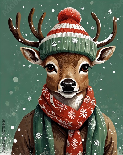 Fototapeta Naklejka Na Ścianę i Meble -  obraz renifera noszącego szalik na zielonym tle ze śniegiem, sztuka ludowa, jeleń, antropomorficzna samica jelenia, antropomorficzny jeleń, portret jelenia, antropomorficzny jeleń, jelenie