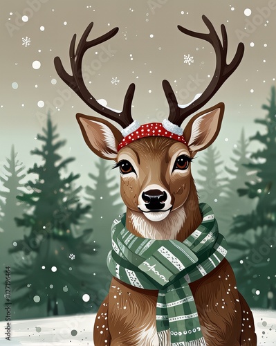 Fototapeta Naklejka Na Ścianę i Meble -  obraz renifera noszącego szalik na zielonym tle ze śniegiem, sztuka ludowa, jeleń, antropomorficzna samica jelenia, antropomorficzny jeleń, portret jelenia, antropomorficzny jeleń, jelenie
