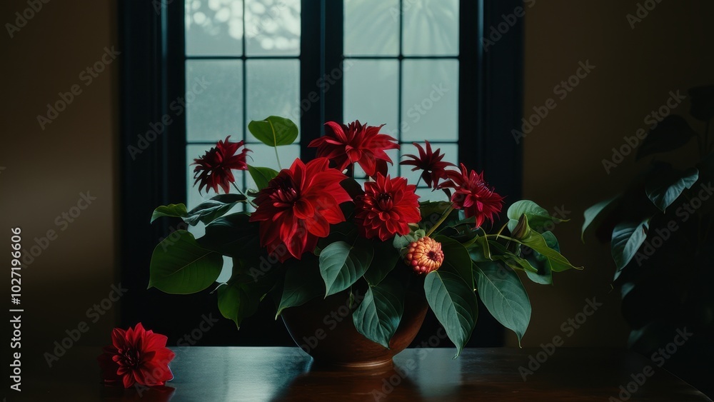Fototapeta premium Exotic monstera and ginger with red dahlias bouquet, ideal for botanical art, event invitations, and floral compositions