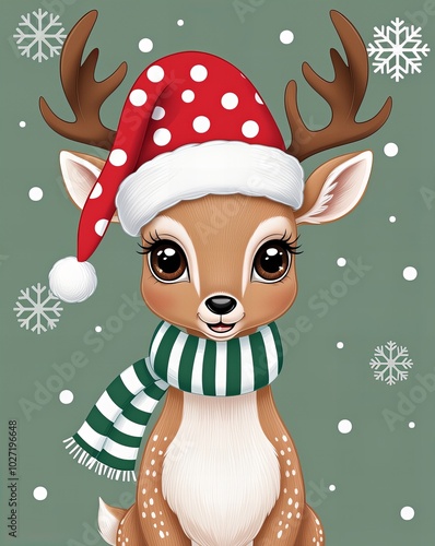 Fototapeta Naklejka Na Ścianę i Meble -  Ilustracja słodki mały jeleń w czapce Mikołaja i szaliku na ciemnozielonym tle, sztuka cyfrowa,  jeleń, antropomorficzny jeleń, samica antropomorficznego jelenia, łania