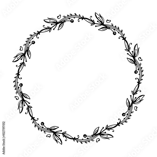Boho simple wreath - black doodle leaves.