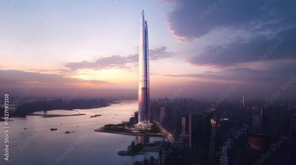 Fototapeta premium A Tall Skyscraper Piercing the Sunset Sky Over a Cityscape