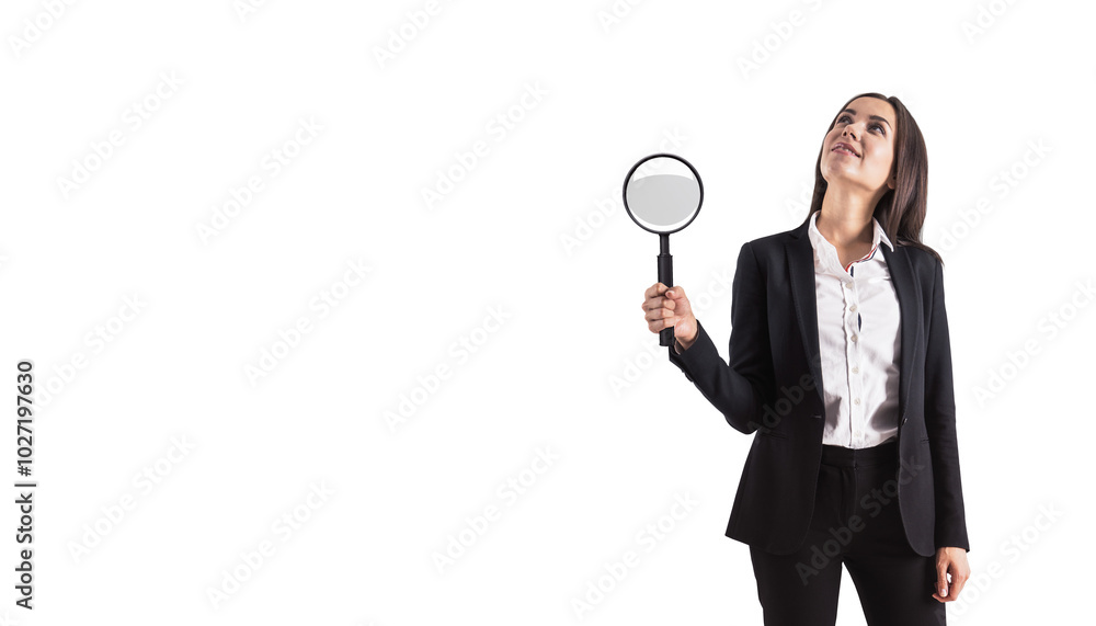 Woman in business attire holding magnifying glass on white Woman in business attire holding magnifying glass on white
