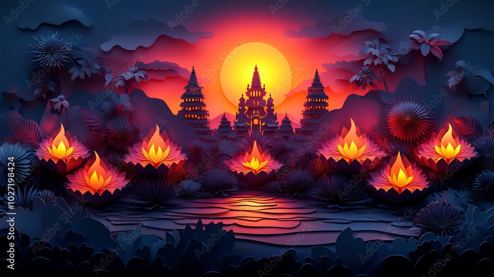 Captivating Happy Diwali backdrop featuring vibrant paper cut lamps flickering candles enhanced by traditional motifs with clear space for text Captivating Happy Diwali backdrop featuring vibrant paper cut lamps flickering candles enhanced by traditional motifs with clear space for text