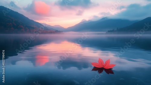 Fototapeta Naklejka Na Ścianę i Meble -  A Single Red Leaf Floating on a Calm Lake with Misty Mountains and a Pink Sky