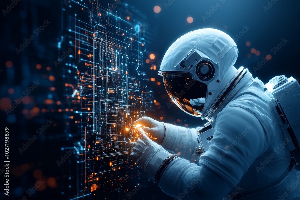 In a high-tech space station, an astronaut skillfully adjusts digital controls, embodying the harmony between human intellect and technological advancement in a cosmic setting. In a high-tech space station, an astronaut skillfully adjusts digital controls, embodying the harmony between human intellect and technological advancement in a cosmic setting.