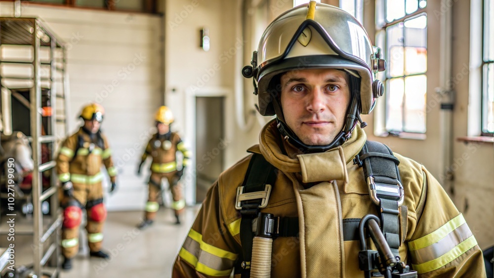Firefighter in Full Gear Standing at a Fire Station Scene Firefighter in Full Gear Standing at a Fire Station Scene