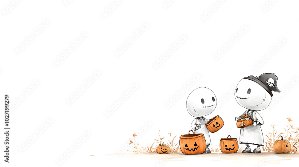 Fototapeta premium Robot pirates trick-or-treating with treasure chests