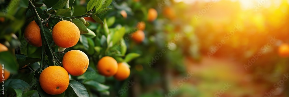 Bright oranges hang from lush, green trees in an orchard illuminated by a golden sun, symbolizing nature, freshness, and the abundance of a fruitful harvest. Bright oranges hang from lush, green trees in an orchard illuminated by a golden sun, symbolizing nature, freshness, and the abundance of a fruitful harvest.