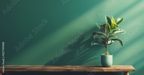 wood table green wall background with sunlight window create leaf shadow on wall with blur indoor green plant foreground. panoramic banner mockup for display of product. eco friendly interior concept,