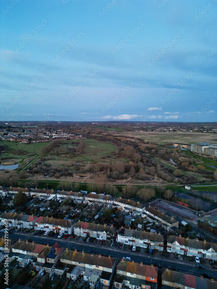 Fototapeta premium Aerial View of Dagenham City East London. The Capital London City of England Great Britain. High Angle Footage was Captured with Drone's Camera on March 2nd, 2024