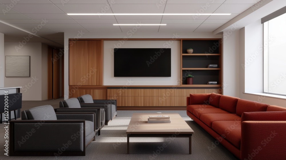 Modern Collaboration: Video Call with Team Members on Large Screen in Casual Meeting Area,3D rendering Modern Collaboration: Video Call with Team Members on Large Screen in Casual Meeting Area,3D rendering