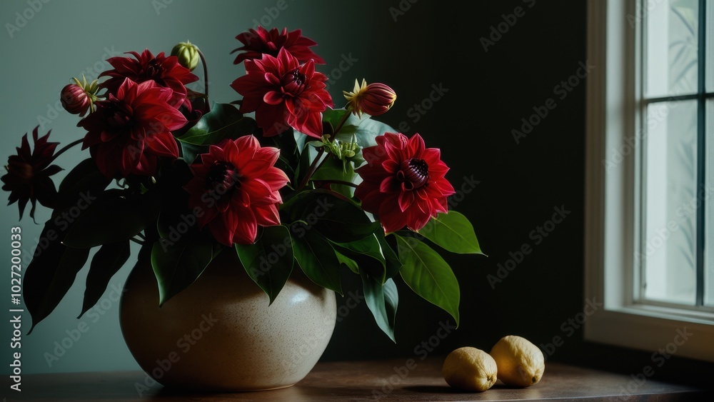 custom made wallpaper toronto digitalExotic monstera and ginger with red dahlias bouquet, ideal for botanical art, event invitations, and floral compositions