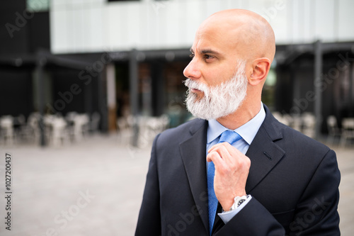 Mature bald stylish business man portrait with a white beard outdoor adjusting his necktie