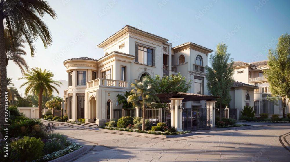 Elegant luxury mansion with palm trees in a sunny residential area Elegant luxury mansion with palm trees in a sunny residential area