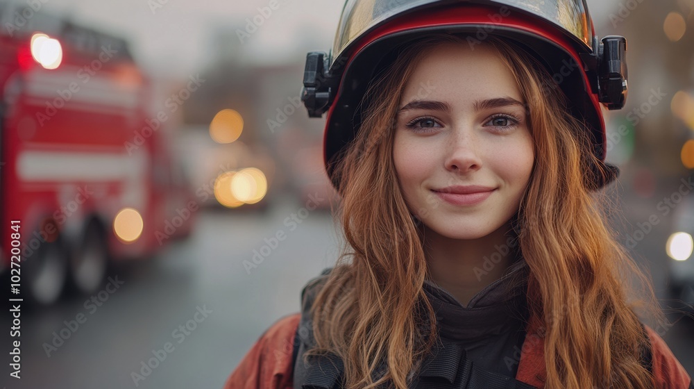 Female firefighter smiling in front of fire truck, wearing helmet and protective uniform, emergency service worker, courageous and brave, fire rescue professional, urban background, public safety Female firefighter smiling in front of fire truck, wearing helmet and protective uniform, emergency service worker, courageous and brave, fire rescue professional, urban background, public safety