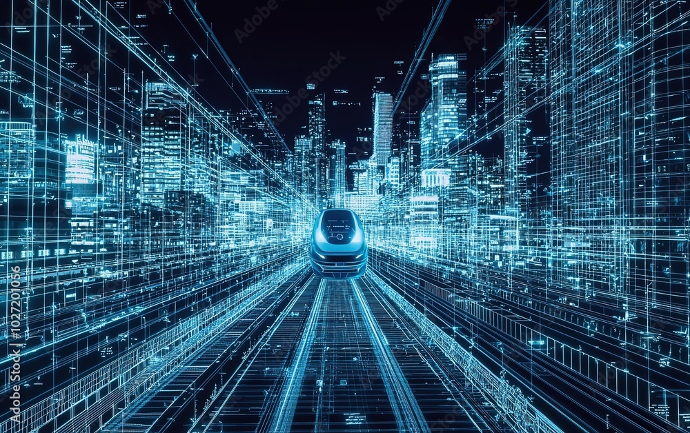 Futuristic train traveling through a digital cityscape at night, showcasing neon lights and advanced technology Futuristic train traveling through a digital cityscape at night, showcasing neon lights and advanced technology