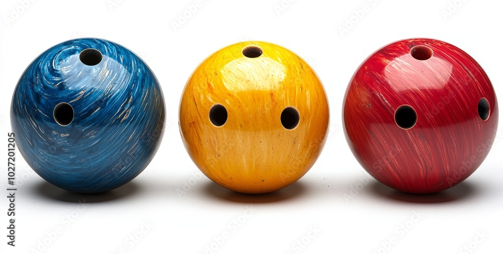 Three bowling balls, blue, yellow, and red, with three finger holes each, arranged in a row on a white background. Three bowling balls, blue, yellow, and red, with three finger holes each, arranged in a row on a white background.