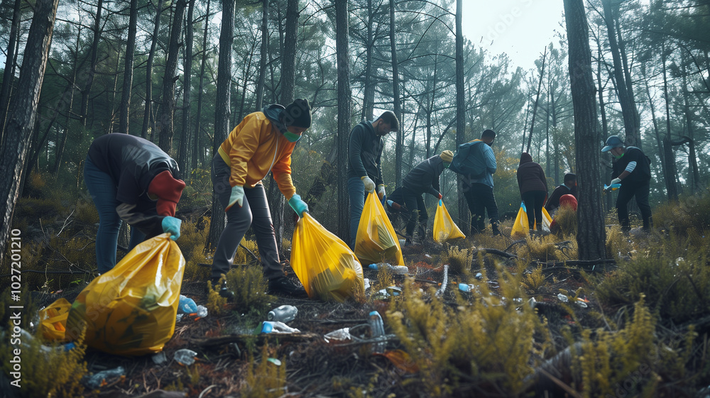 Green activists collecting the garbage or litters from the moody pine forest Green activists collecting the garbage or litters from the moody pine forest